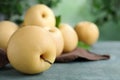Ripe apple pears on blue wooden table against blurred background, closeup. Space for text Royalty Free Stock Photo