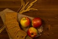 Ripe apple, square pieces of bread and ears on sacking on a wooden table