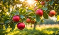 Ripe apple tree in foreground, soft-focus garden Royalty Free Stock Photo