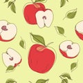 Ripe apples, apple halves and leaves. Fruit seamless pattern background. Hand drawn line vector illustration Royalty Free Stock Photo