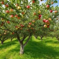 Ripe apples on green tree branch in organic apple orchard generated by