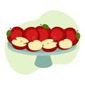 Ripe apples on tray, whole fruit and halves, vector illustration