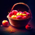 Ripe apples in a wicker basket on a dark background. Generative AI Royalty Free Stock Photo