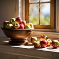 Ripe Apples In Wooden Bowl By A Sunny Window