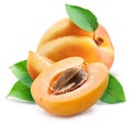 Ripe apricot with leaves and apricot half isolated on white background Royalty Free Stock Photo