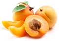 Ripe apricots with apricot leaf isolated on the white background