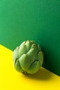 Ripe artichoke heart on duotone yellow green color combination background. Creative food poster. Minimalist style. Mediterranean