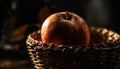 Ripe autumn apple in organic wicker basket, a healthy snack generated by AI