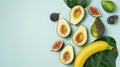 ripe avocado, banana, and figs arranged elegantly, with generous whitespace for accompanying text. Royalty Free Stock Photo