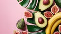 ripe avocado, banana, and figs arranged elegantly, with generous whitespace for accompanying text. Royalty Free Stock Photo