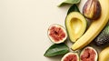 ripe avocado, banana, and figs arranged elegantly, with generous whitespace for accompanying text. Royalty Free Stock Photo