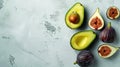 ripe avocado, banana, and figs arranged elegantly, with generous whitespace for accompanying text. Royalty Free Stock Photo