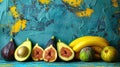 ripe avocado, banana, and figs arranged elegantly, with generous whitespace for accompanying text. Royalty Free Stock Photo