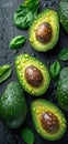 Avocados With Leaves and Water Drops on Black Surface. Generative AI Royalty Free Stock Photo