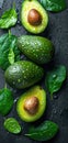 Fresh Avocados With Water Droplets on Black Surface. Generative AI Royalty Free Stock Photo