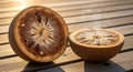 Ripe bael fruit halves steaming gently on a wooden surface in the warm sunlight Royalty Free Stock Photo