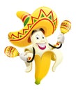 Ripe banana with maracas. Tropical fruit. Cinco de Mayo Mexico holiday. Vector illustration. Royalty Free Stock Photo