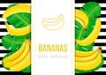 Ripe Bananas, tropical palm leaves with text 100 percent natural.