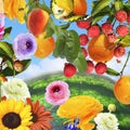 Ripe berries and fruits grow on branches over watermelon like over the Earth. Beautiful flowers blossom. Rich harvest