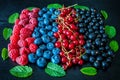 Ripe berries raspberries, blackberries, blueberries, red currants and black currant Royalty Free Stock Photo