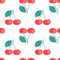 Ripe berry cherry seamless pattern. Pair of red cherries with leaf. Cute vector illustration Royalty Free Stock Photo