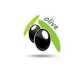 Ripe black olives with green leafs. logo design.