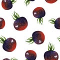 Ripe black watercolor tomatoes seamless pattern. Hand drawn illustration on white background. Whole juicy blue vegetables, cherry Royalty Free Stock Photo