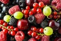 Ripe blackberries, blackcurrants, cherries, red currants, raspberries and gooseberries. Mix berries and fruits. Royalty Free Stock Photo