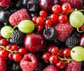 Ripe blackberries, blackcurrants, cherries, red currants, raspberries and gooseberries. Mix berries and fruits. Top view Royalty Free Stock Photo