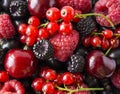 Ripe blackberries, blackcurrants, cherries, red currants and raspberries. Mix berries and fruits. Top view. Background berries and