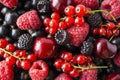 Ripe blackberries, blackcurrants, cherries, red currants and raspberries. Mix berries and fruits. Top view. Background berries and Royalty Free Stock Photo