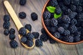 Ripe blackberries with leaves in a clay bowl on a light wooden background. Flat lay, top view. Photo of blackberry in