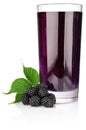 Ripe blackberry with green leaf and juice in glass Royalty Free Stock Photo