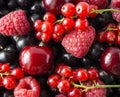 Ripe blackcurrants, cherries, red currants, raspberries. Mix berries and fruits. Top view. Background berries and fruits. Royalty Free Stock Photo