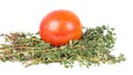 Blood orange and bundle of fresh thyme with green leaves isolated on white background