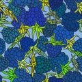 Ripe blue blackberry with green leaves seamless pettern on blue background for site, blog, fabric. Vector