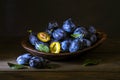 Ripe blue Fresh organic sweet plums just picked from the tree, walnut wood bowl plate indoors. Autumn Harvest of fruits rustic Royalty Free Stock Photo