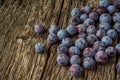 Ripe blue plums cherry plum on a dark wooden ruskic background. Top view or flat lay. Royalty Free Stock Photo