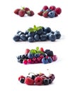 Ripe blueberries, blackberries, blackcurrants, strawberries, raspberries, gooseberries and red currants isolated on white. Mix fru Royalty Free Stock Photo