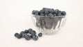 Ripe blueberries in crystal dish.