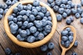 Ripe blueberries in a wooden bowl and spoon on a background of scattered berries. Concept of healthy and dieting eating Royalty Free Stock Photo