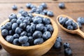 Ripe blueberries in a wooden bowl and spoon on a background of scattered berries. Concept of healthy and dieting eating Royalty Free Stock Photo