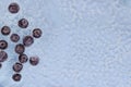 Ripe blueberry berries in blue water with air bubbles. Copy space