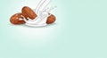 Ripe Brown Dates Splashing into Creamy White Milk Creating Dynamic Liquid Waves and Droplets Keywords: dates, milk Royalty Free Stock Photo