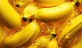 Ripe bunch bananas with glistening droplets on a vibrant yellow backdrop. Created by AI