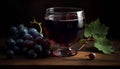 Ripe cabernet sauvignon grape on rustic wood table with wineglass generated by AI