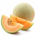 Ripe cantaloupe melon cut into slices, displaying juicy interior, isolated on white background. Royalty Free Stock Photo