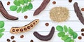 Ripe Carob branches, seeds, sweet pods, powder, leaves on on white wooden shabby desk. 