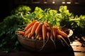 Ripe carrots in a wooden box. Generative AI