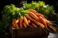 Ripe carrots in a wooden box. Generative AI